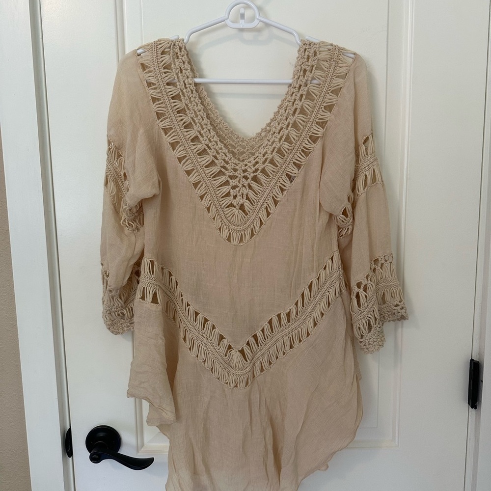 Beige Crochet Trim Tunic Top